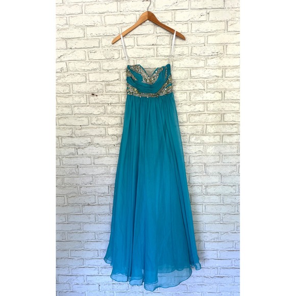 Sherri Hill Size 0 Blue Beaded Strapless Formal Gown Prom Dress Ruched Gemstones - Picture 1 of 16